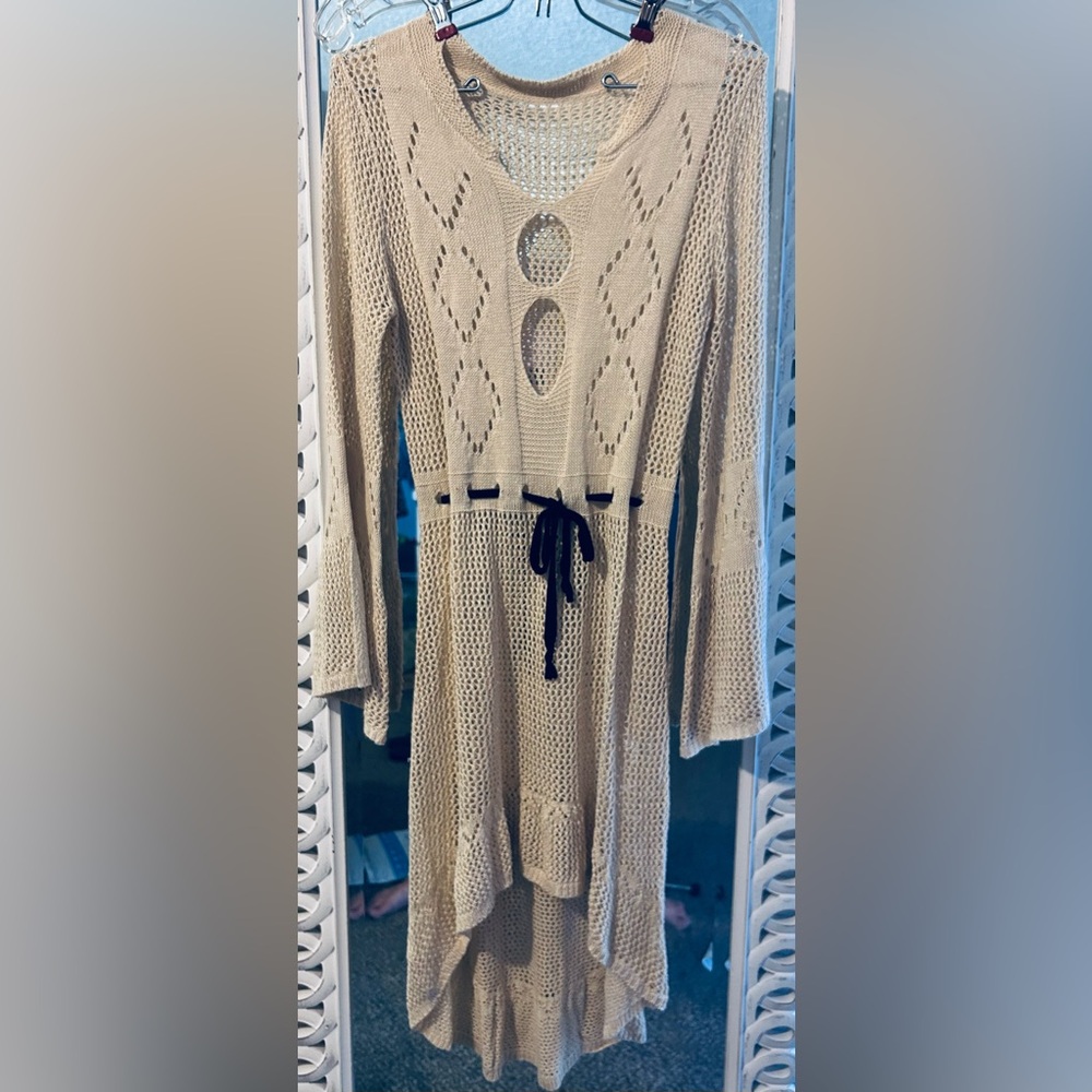 Vintage Inspired Fully Crocheted Split Bell Sleeved Hi Low Dress/Swimsuit Cover
